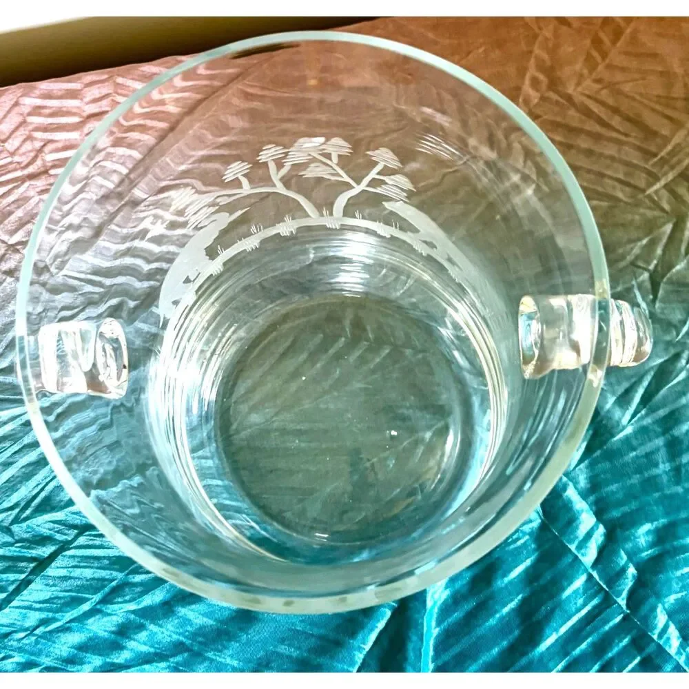 Vintage Etched Safari Glass Ice Bucket Jungle Wildlife Champagne Chiller